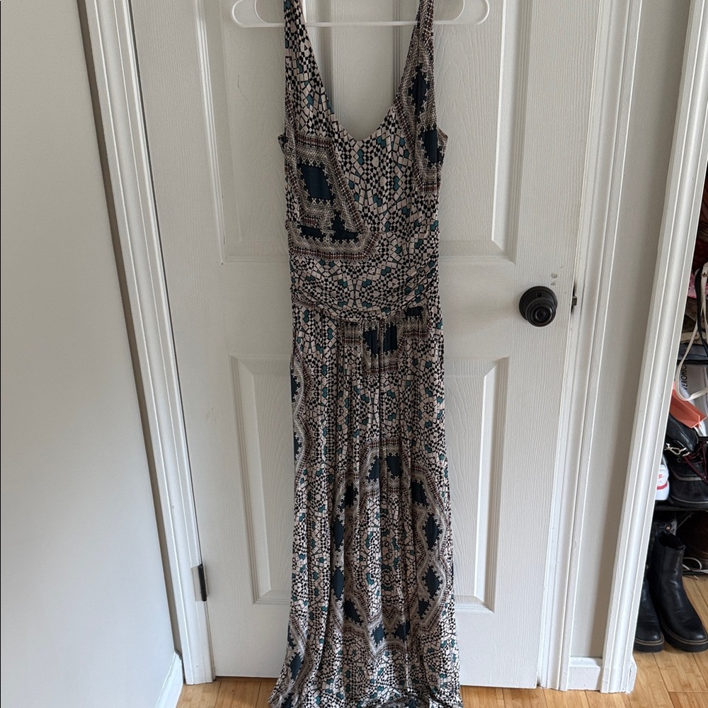 Maeve Beige and Navy Printed Scoop-Neck Maxi Dress